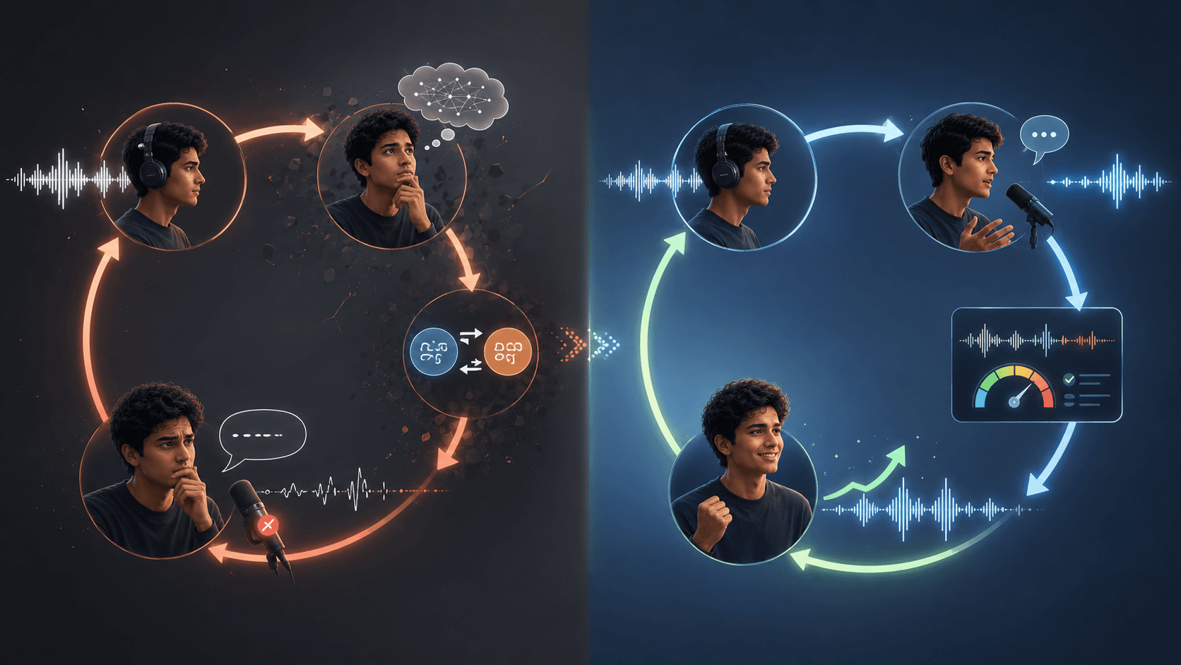 Left: a thought detouring through a dictionary and stalling. Right: speech going out, feedback returning, and the cycle repeating