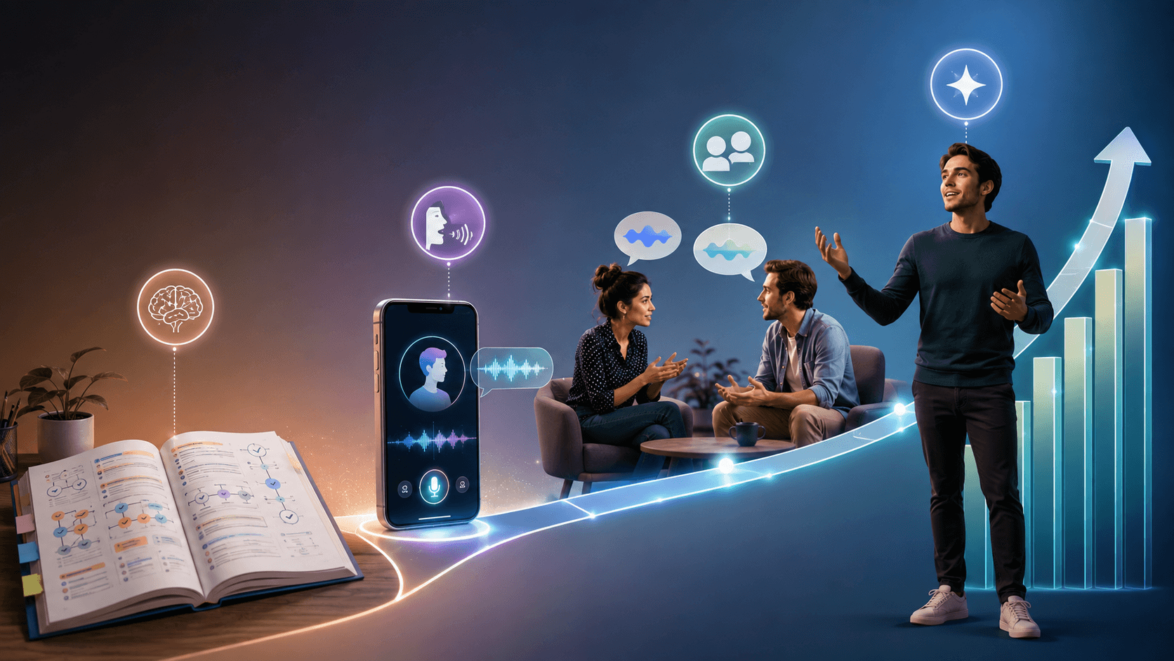 A rising path from an open grammar book, through a phone mid-conversation, to two people talking, ending at a confident speaker beside a climbing chart