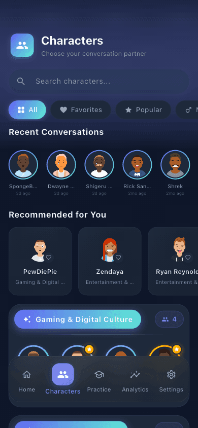 The Gabfest AI character selection screen, showing conversation partners with different personalities and difficulty levels